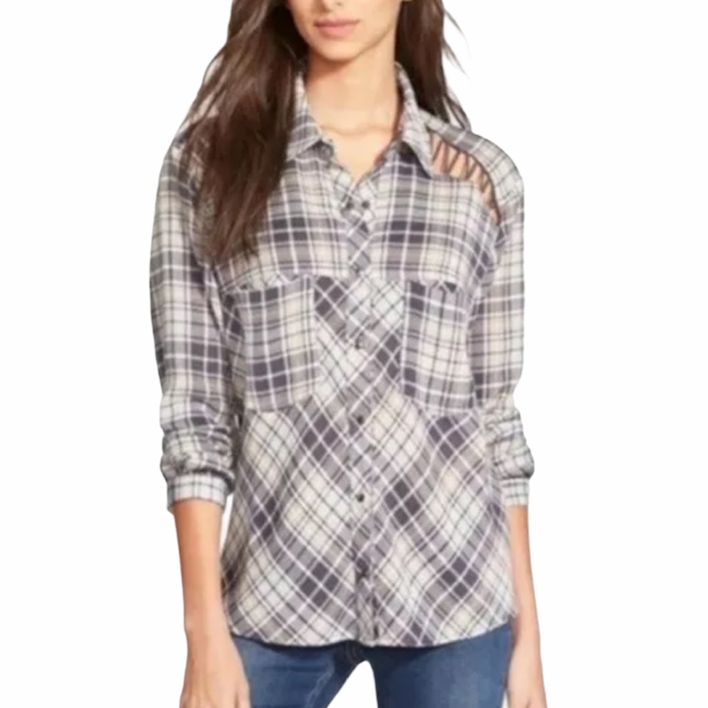 FREE PEOPLE Ladies Plaid Button Front Long Sleeve Shirt Top Size Large